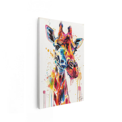 Canvas schilderij vooraanzicht Giraffe met Kleurrijke Verfspatten op zijn Gezicht