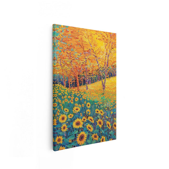 Canvas schilderij vooraanzicht Veld met Zonnebloemen met Bomen op de Achtergrond