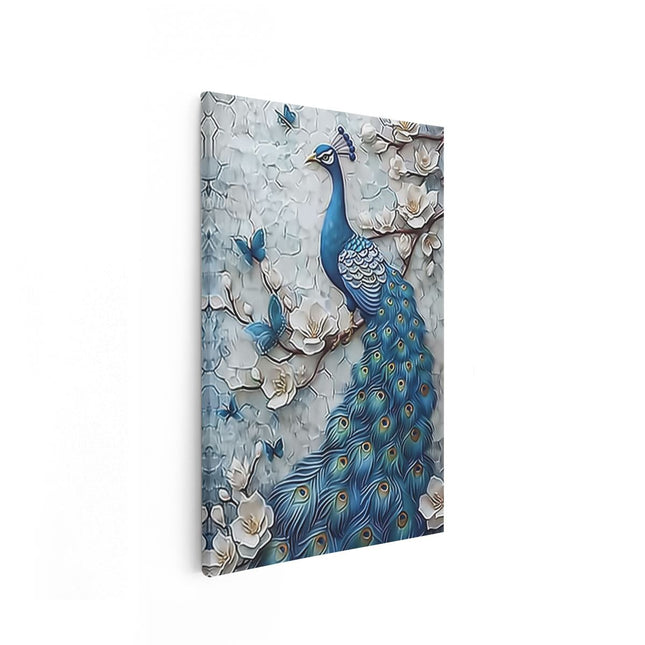 Canvas schilderij vooraanzicht Blauwe Pauw zit op een Tak