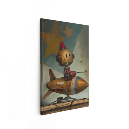 Canvas schilderij vooraanzicht Robot zit Bovenop een Raket