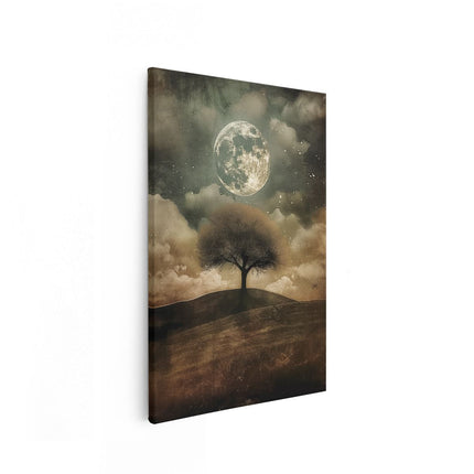 Canvas schilderij vooraanzicht Eenzame Boom op een Heuvel met een Volle Maan aan de Hemel