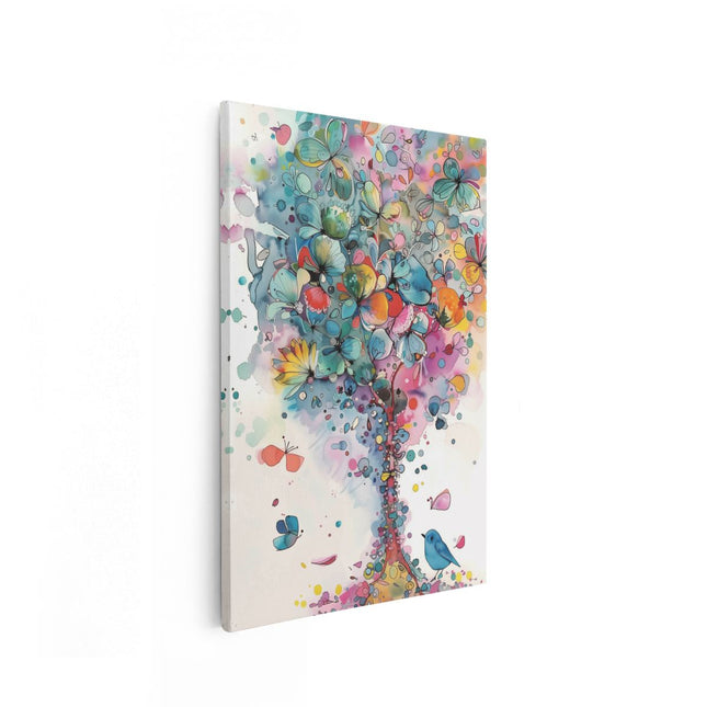 Canvas schilderij vooraanzicht Kleurrijk Kunstwerk van een Boom met Vogels en Vlinders