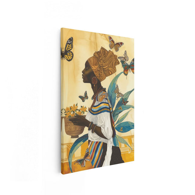 Canvas schilderij vooraanzicht Afrikaanse Vrouw met een Mand met Vlinders