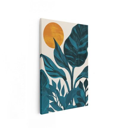 Canvas schilderij vooraanzicht Illustratie van een Tropische Scène met Bladeren en een Zon