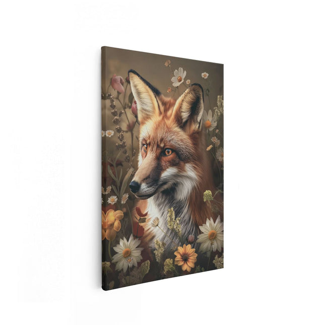 Canvas schilderij vooraanzicht Vos in een Veld met Bloemen