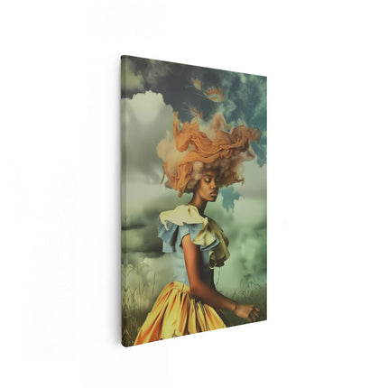 Canvas schilderij vooraanzicht Vrouw in een Gele Jurk Staande in een Veld