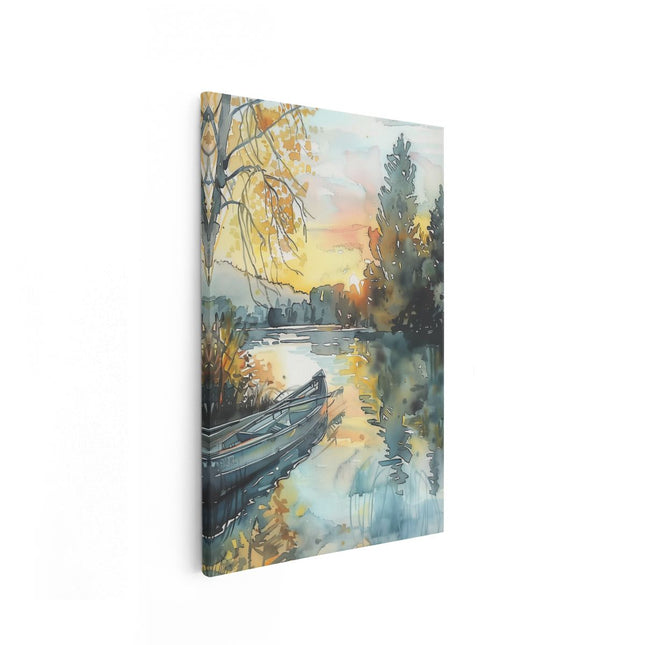 Canvas schilderij vooraanzicht Aquarelkunstwerk van een Kano op een Rivier