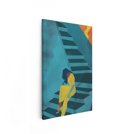 Canvas schilderij vooraanzicht Vrouw Zittend op de Trap