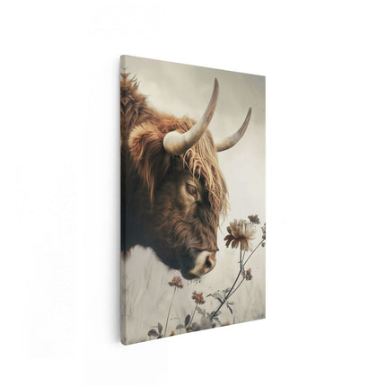 Canvas schilderij vooraanzicht Koe met Lange Hoorns in een Veld met Bloemen