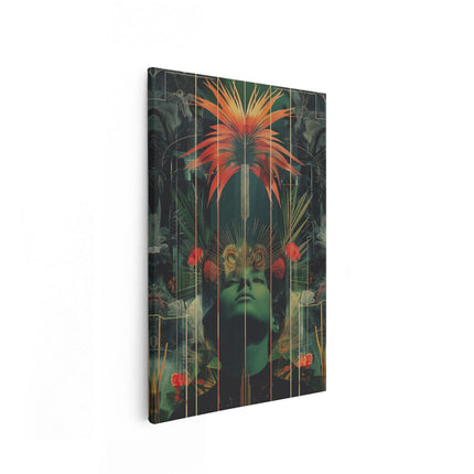 Canvas schilderij vooraanzicht Het Hoofd van de Vrouw is Omgeven door Planten en Bloemen