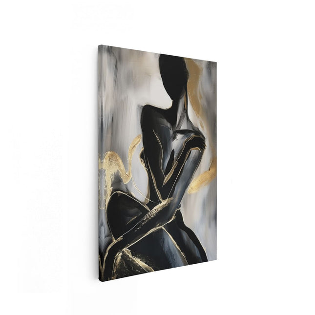 Canvas schilderij vooraanzicht Zwart en Goud Kunstwerk van een Vrouw
