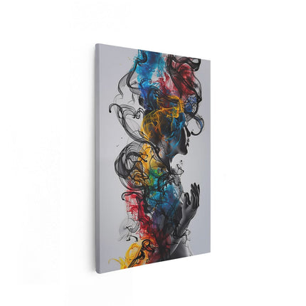 Canvas schilderij vooraanzicht Vrouw met Kleurrijke Rook in haar Haar