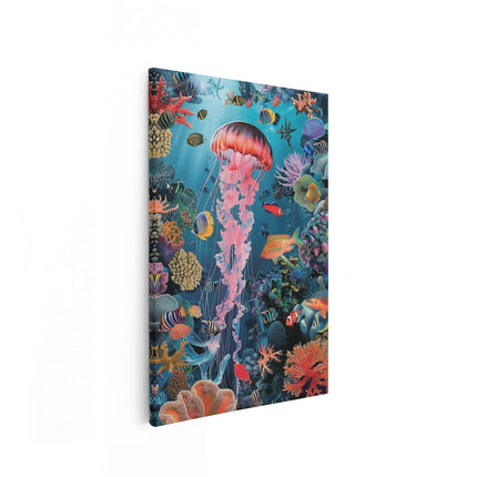 Canvas schilderij vooraanzicht Onderwatertafereel met Kwallen en Koralen