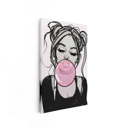 Canvas schilderij vooraanzicht Meisje Blaast een Roze Kauwgom