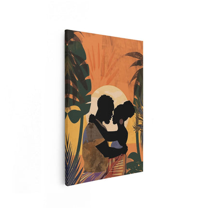 Canvas schilderij vooraanzicht Man en Vrouw Knuffelen voor een Palmboom bij Zonsondergang