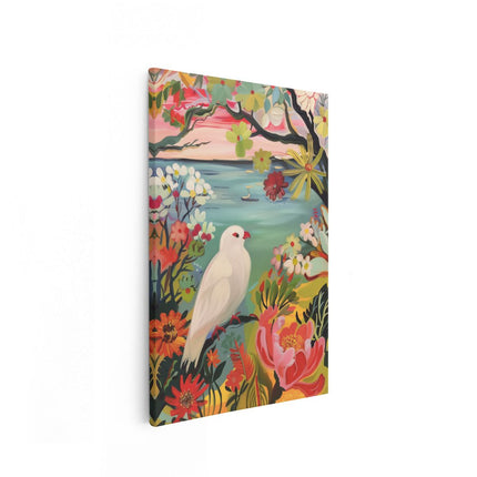 Canvas schilderij vooraanzicht Witte Duif Zat op een Tak met Bloemen op de Achtergrond