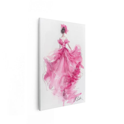 Canvas schilderij vooraanzicht Vrouw in een Roze Jurk