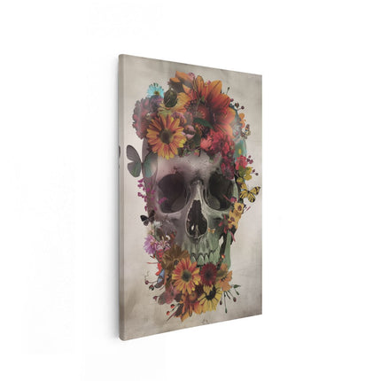 Canvas schilderij vooraanzicht De Schedel is Bedekt met Bloemen en Vlinders