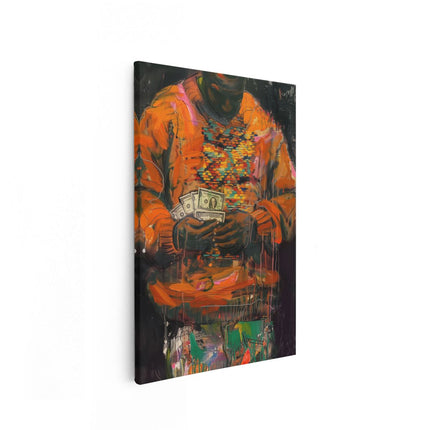 Canvas schilderij vooraanzicht Man in een Oranje Trui met Geld