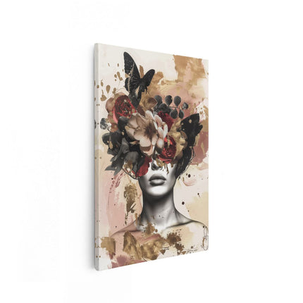 Canvas schilderij vooraanzicht Vrouw met Bloemen op haar Hoofd