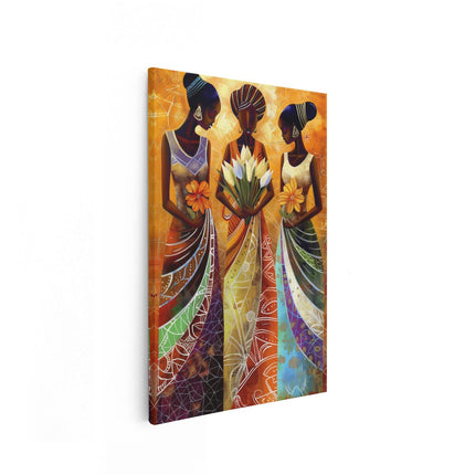 Canvas schilderij vooraanzicht Drie Afrikaanse Vrouwen met Bloemen in hun Handen