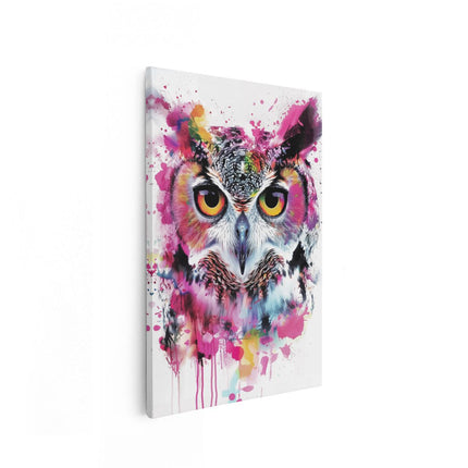 Canvas schilderij vooraanzicht Uil met Kleurrijke Verfspatten op zijn Gezicht