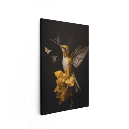 Canvas schilderij vooraanzicht Kolibrie met Vlinders op een Bloem