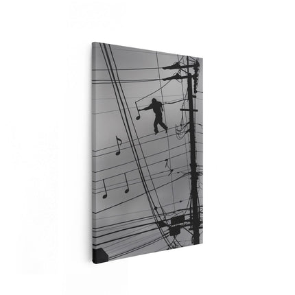 Canvas schilderij vooraanzicht Silhouet van een Man op een Hoogspanningslijn met Muzieknoten