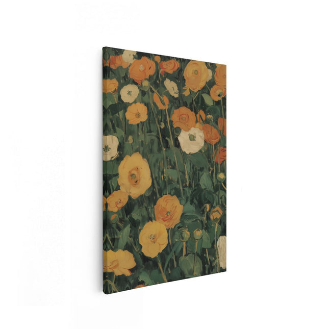 Canvas schilderij vooraanzicht Oranje en Witte Bloemen in een Veld