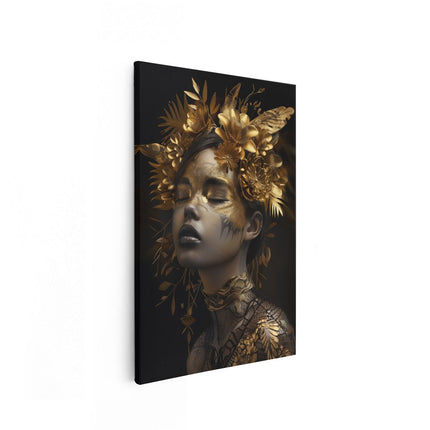 Canvas schilderij vooraanzicht Vrouw met Gouden Bladeren op haar Gezicht