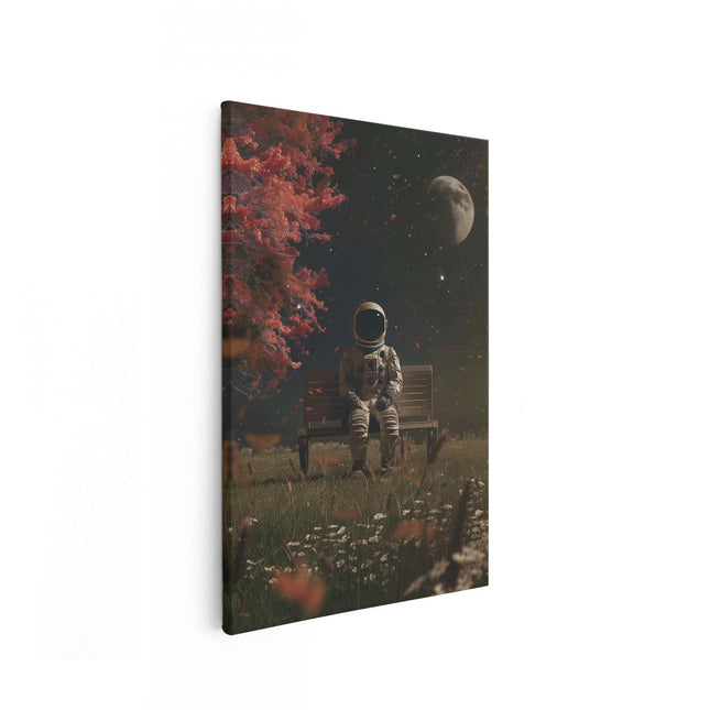 Canvas schilderij vooraanzicht Astronaut Zittend op een Bankje