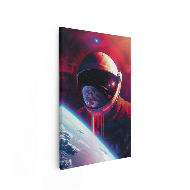 Canvas schilderij vooraanzicht Astronaut in de Ruimte met Bloed op zijn Gezicht