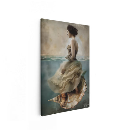 Canvas schilderij vooraanzicht Vrouw in een Jurk en een Schelp