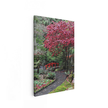 Canvas schilderij vooraanzicht Japans Tuinpad met Rode Brug