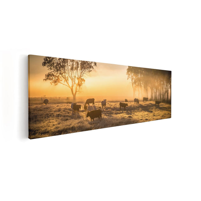 Canvas Schilderij Vooraanzicht Schilderij Afbeelding van de Skyline van een Stad bij Zonsondergang