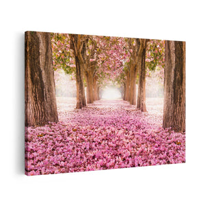 Canvas schilderij vooraanzicht Romantische Bomen Tunnel Met Roze Anjers