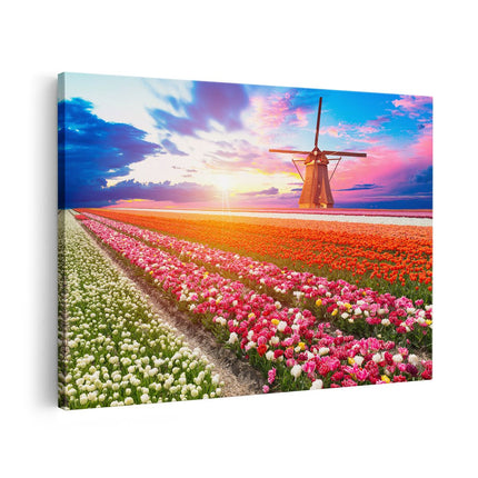 Canvas schilderij vooraanzicht Kleurrijke Bloemenveld Met Een Windmolen