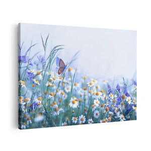 Canvas schilderij vooraanzicht Witte Kamille Bloemen Met Een Vlinder