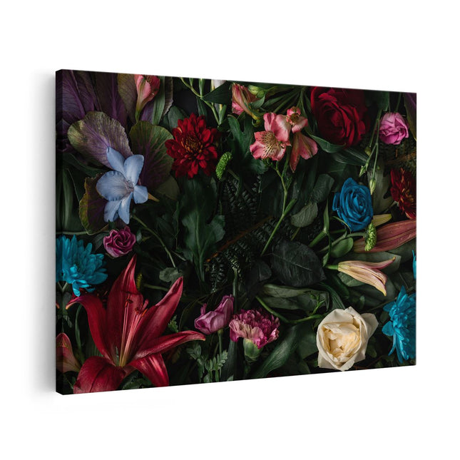 Canvas schilderij vooraanzicht Kleurrijke Bloemen Met Groene Bladeren