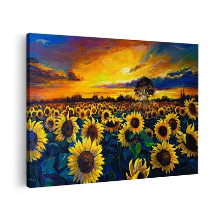 Canvas schilderij vooraanzicht Getekende Zonnebloemen Veld Met Olieverf