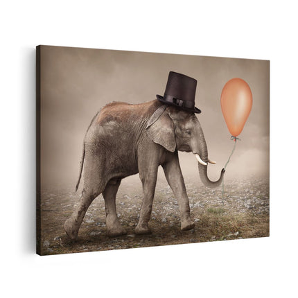 Canvas schilderij vooraanzicht Olifant Met Een Oranje Ballon - Hoedje