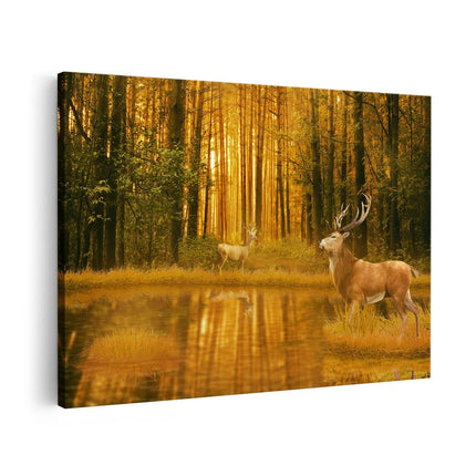 Canvas schilderij vooraanzicht Twee Herten In Het Bos Bij Het Water