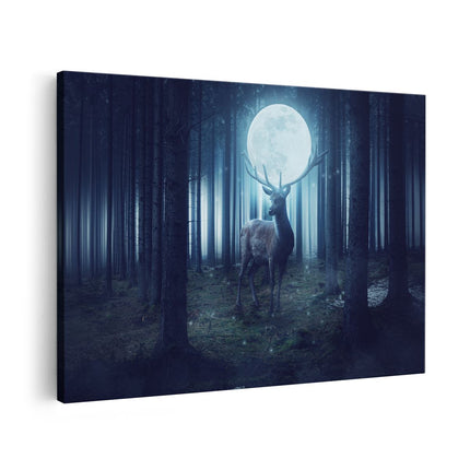 Canvas schilderij vooraanzicht Hert In Het Bos Tijdens Volle Maan