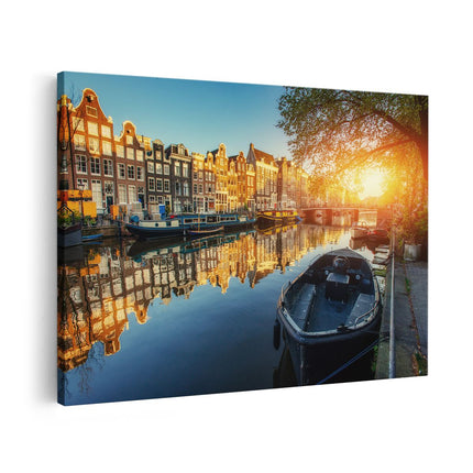 Canvas schilderij vooraanzicht Amsterdamse Gracht Bij Zonsondergang