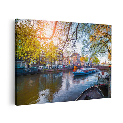 Canvas schilderij vooraanzicht Amsterdamse Gracht Tijdens Het Voorjaar