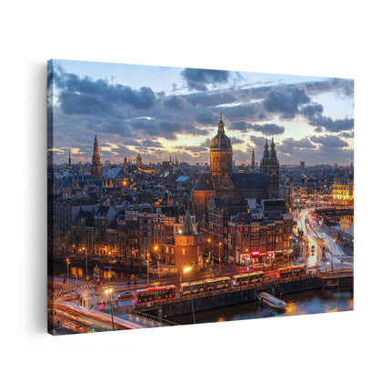 Canvas schilderij vooraanzicht Amsterdam Centrum Luchtfoto Zonsondergang