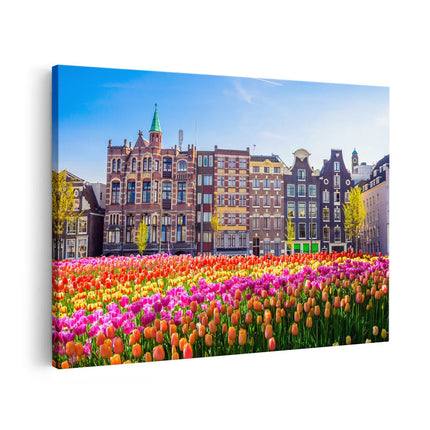 Canvas schilderij vooraanzicht Amsterdamse Huisjes Met Tulpen - Kleur