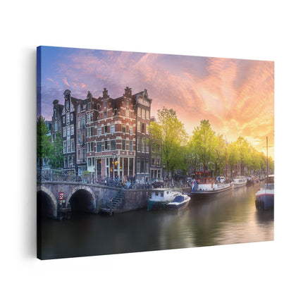 Canvas schilderij vooraanzicht Amsterdamse Grachten 