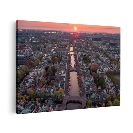 Canvas schilderij vooraanzicht Bovenaanzicht Amsterdam Met Zonsondergang