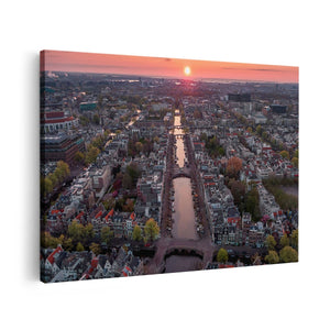 Canvas schilderij vooraanzicht Bovenaanzicht Amsterdam Met Zonsondergang